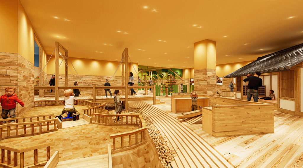 サイクリング遊びのできる島・造船や進水式ごっこができるドック・菊間瓦のつみき小屋が備わっているエリア